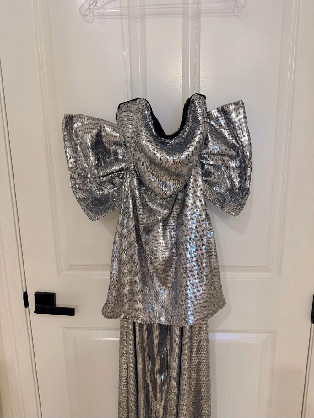 Fashion Nova Silver Sequin Maxi Gown with Statement Sleeves